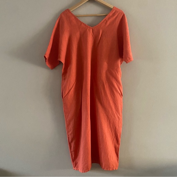 Filosofia Women’s 100% Linen Dress Spice Orange Double V-Neck Pockets Size XS - Picture 2 of 13